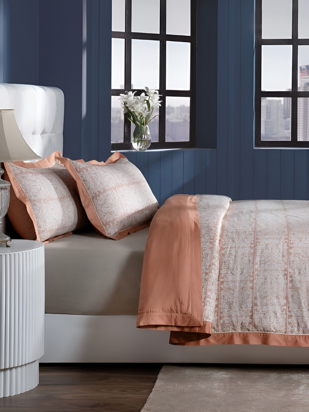 MASPAR Rust & White Printed 400 TC Pure Cotton Double Bed Duvet Cover & 2 Pillow Covers