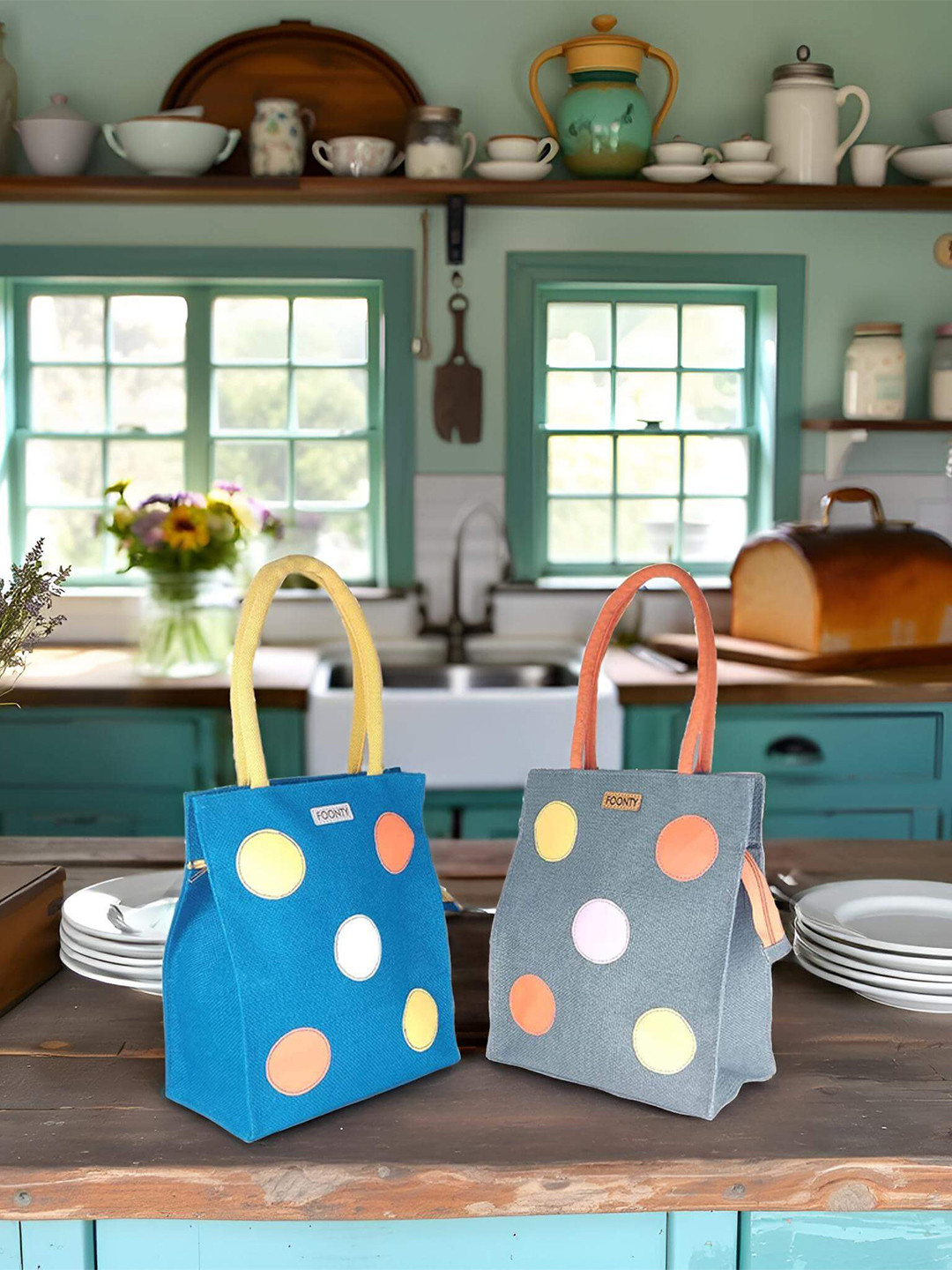 FOONTY Set Of 2 Eco Friendly Jute Lunch Bags Travel Accessory