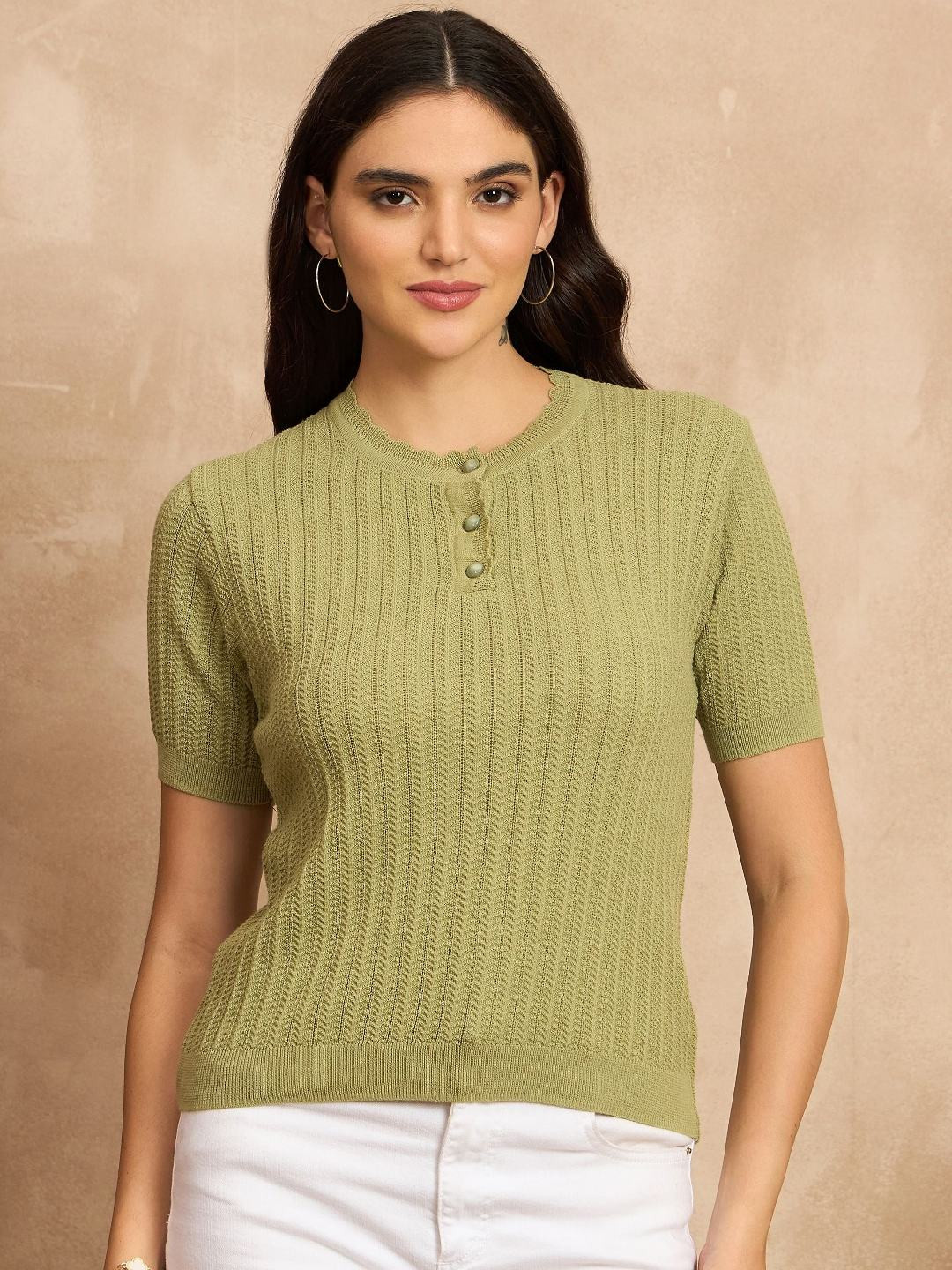 CLAPTON Women Self Design Henley Neck Cotton Slim Fit T-shirt