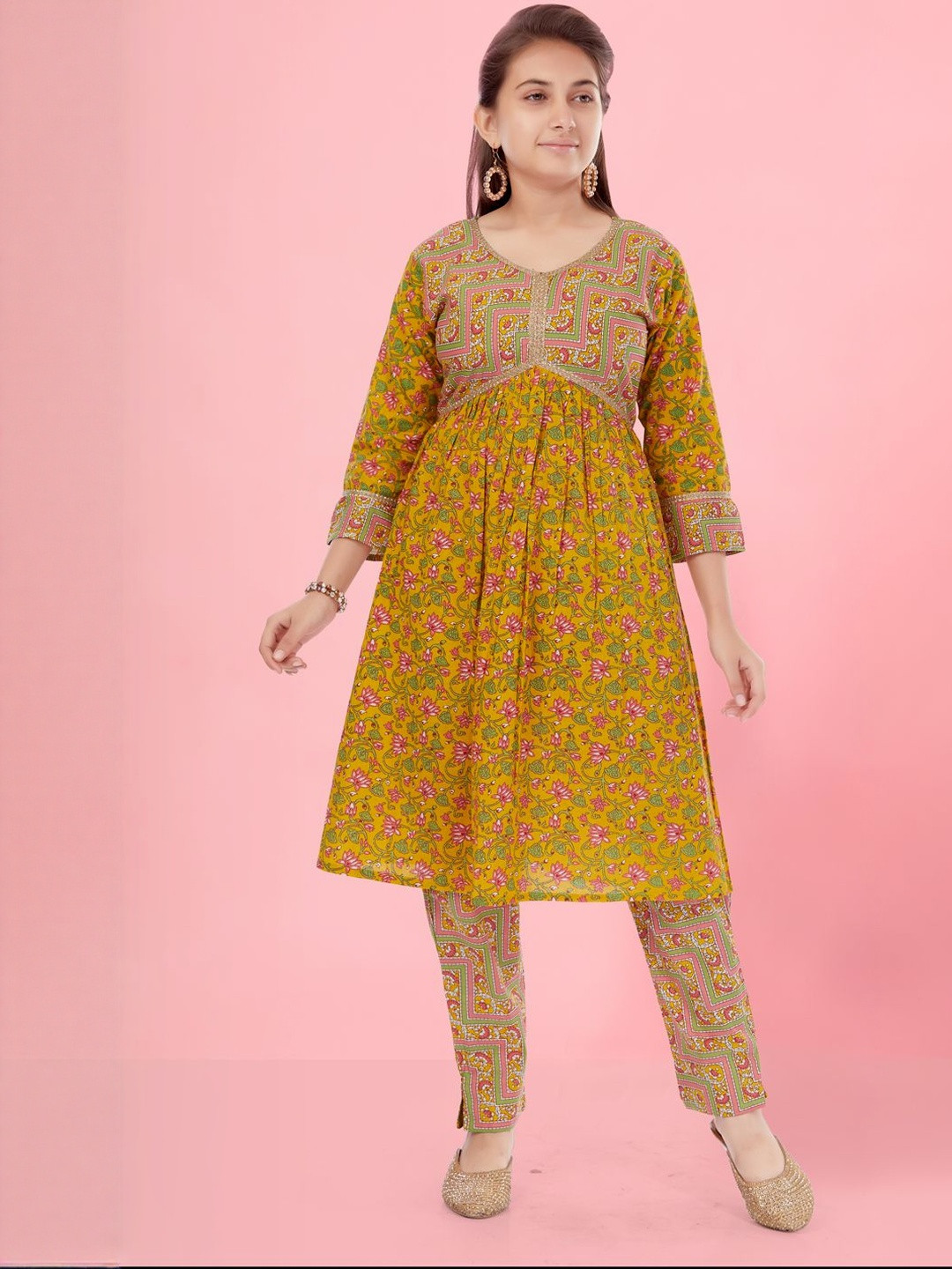 Muhuratam Girls Ethnic Wear Yellow Colour Floral Print With Lace Work Cotton Kurti
