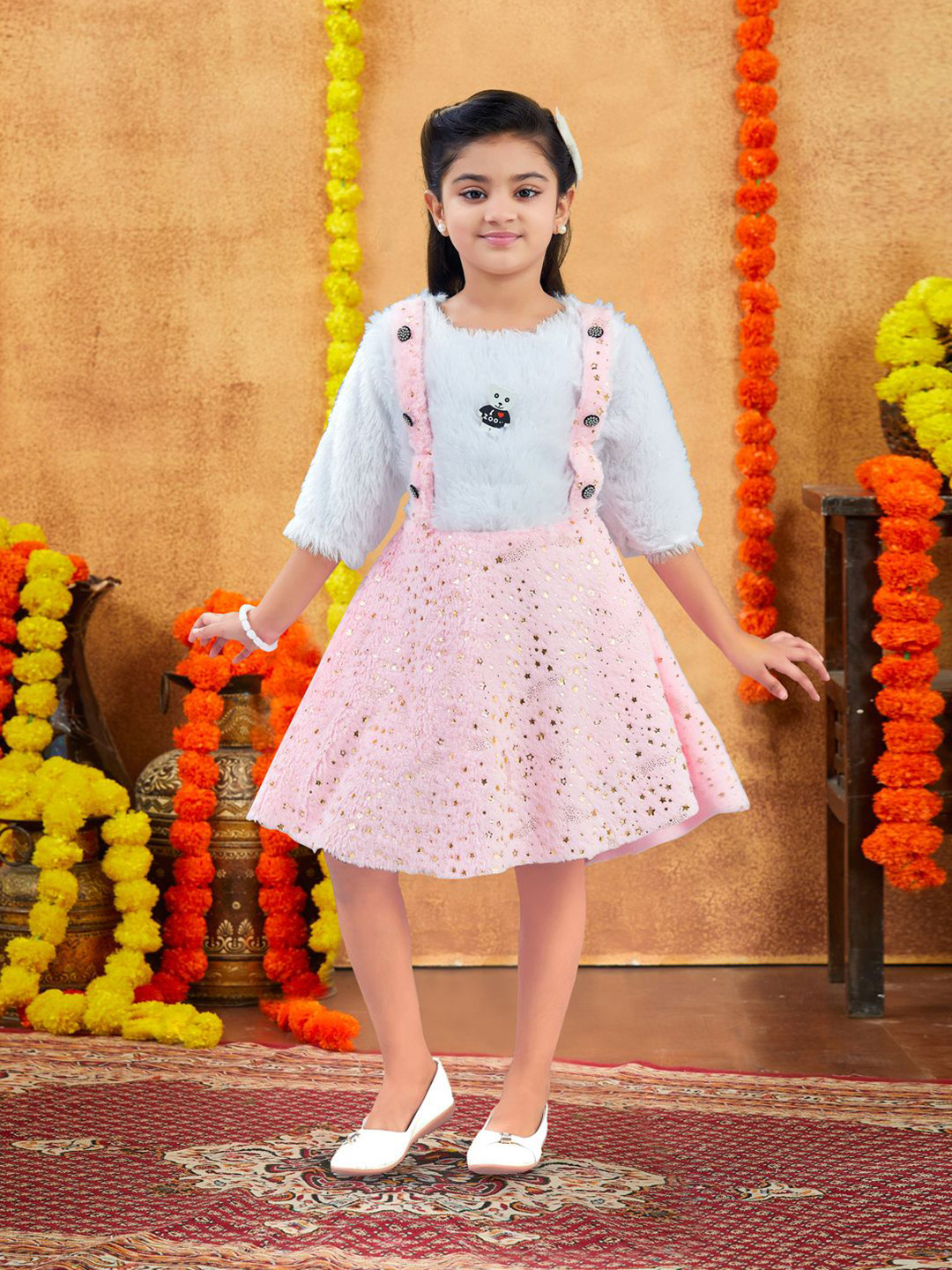 BAESD Girls Self Design Applique Conversational Pure Wool A-Line Dress