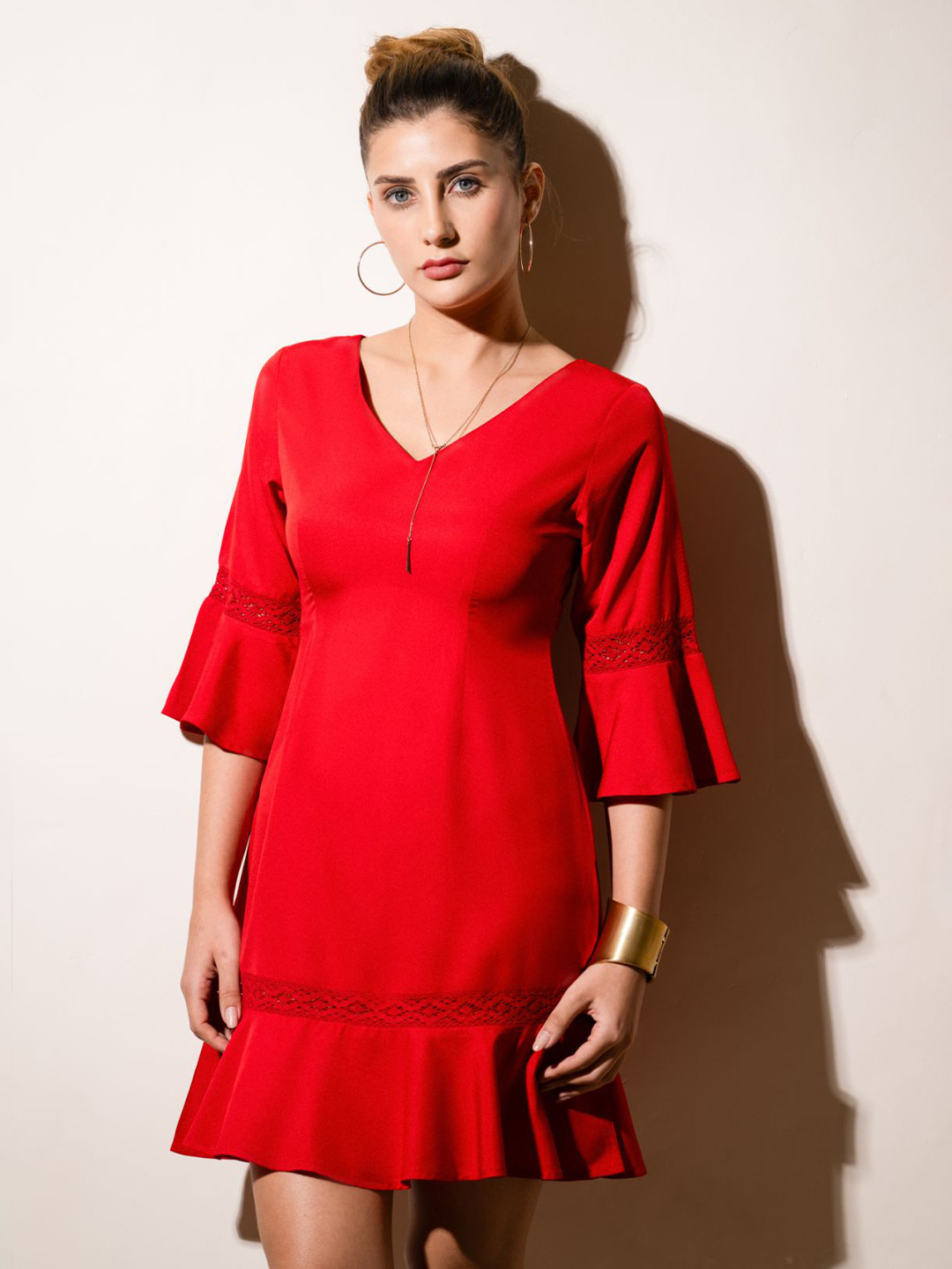 PRIDEWEAR Women V-Neck Bell Sleeves Drop-Waist Dress