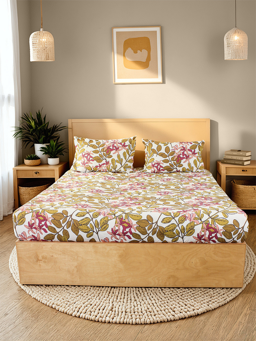 House This Pink & White Floral 180 TC Cotton Queen Bedsheet with 2 Pillow Covers