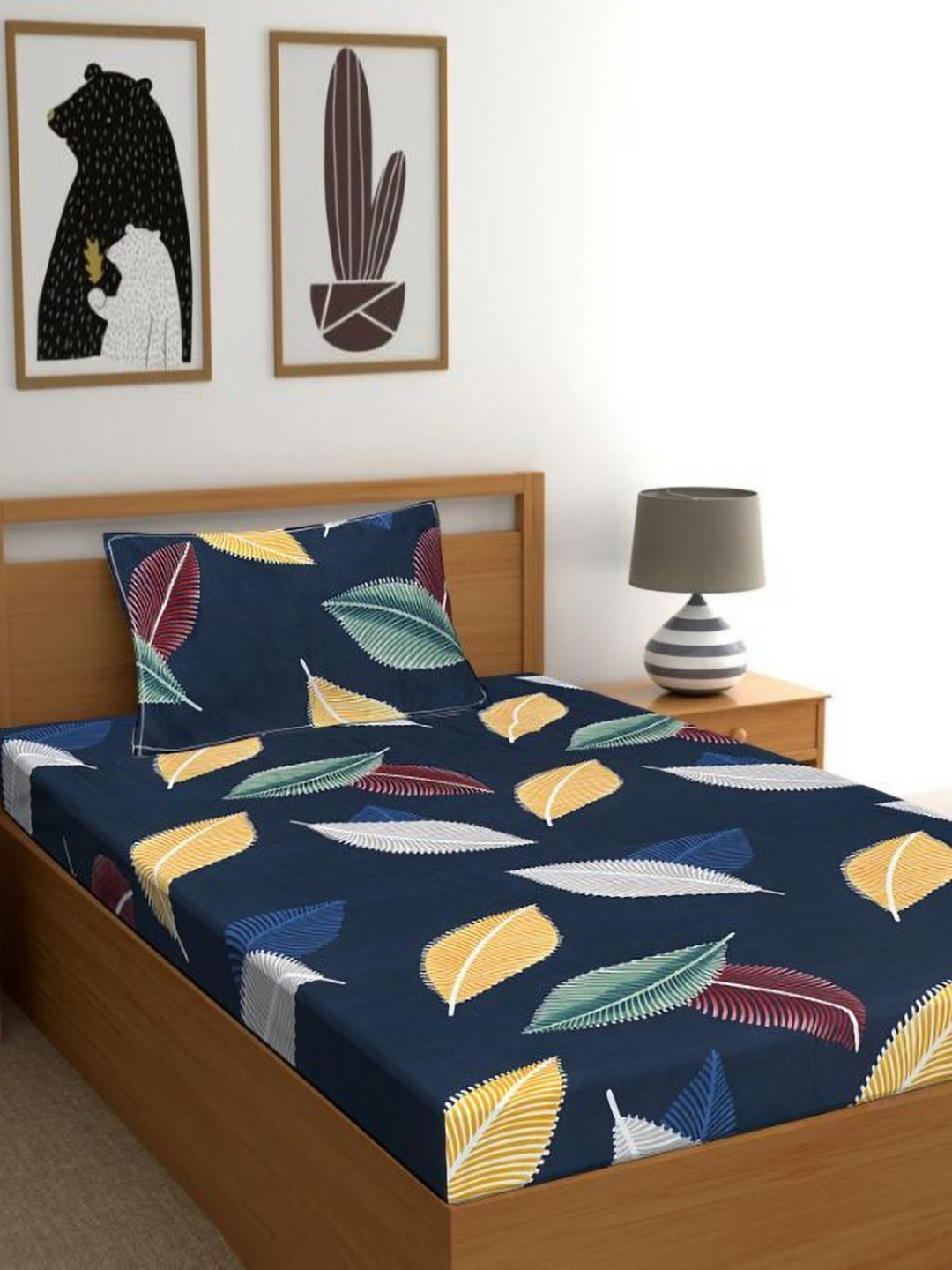 Aura Teal & Yellow Printed 300 TC Single Bedsheet Set 2.25 m x 2.5 m