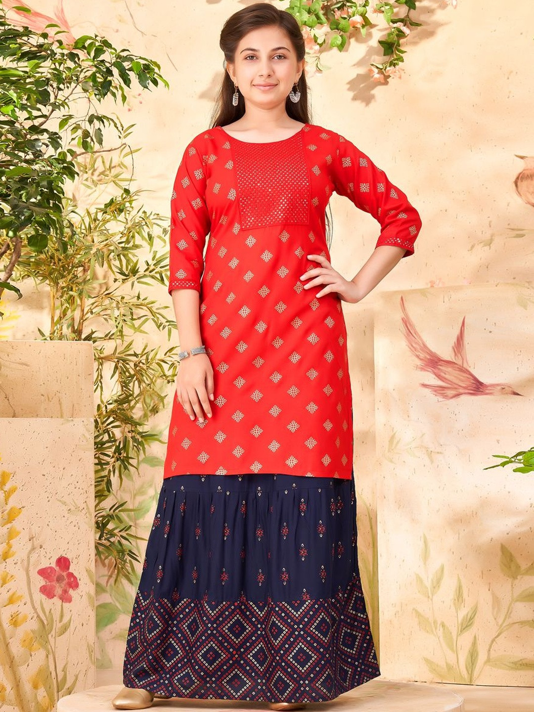 Muhuratam Girls Red Colour Embroidery Rayon Kurti