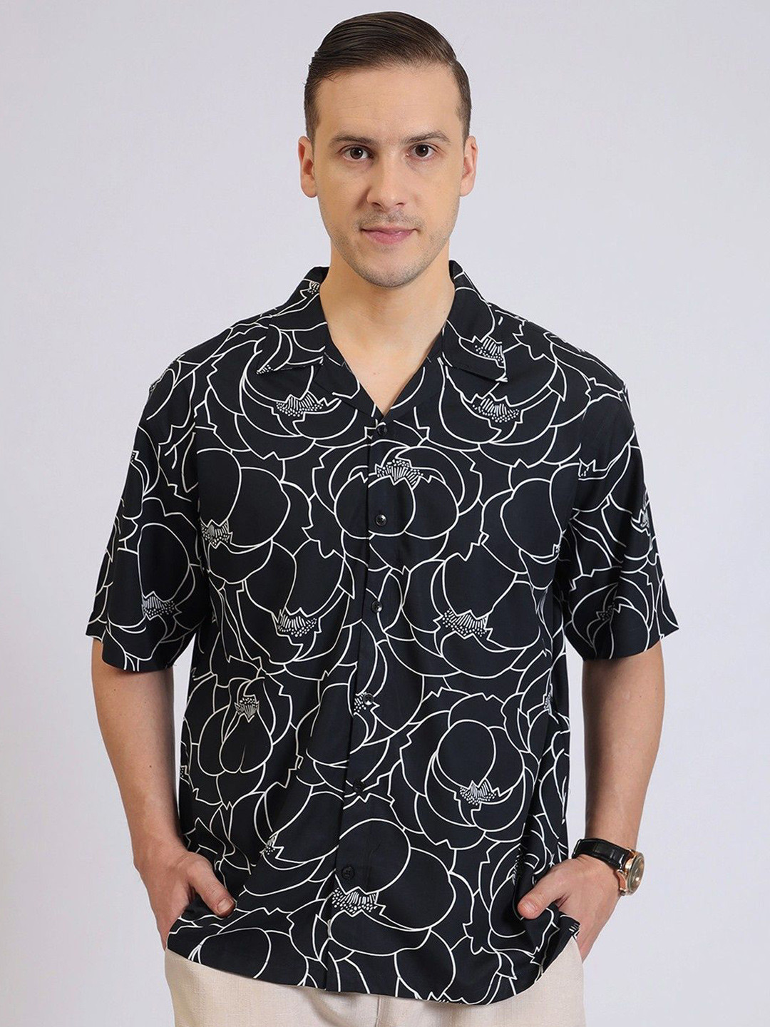 Hallstatt Life Men Relaxed Fit Floral Printed Cuban Collar Cotton Casual Shirt