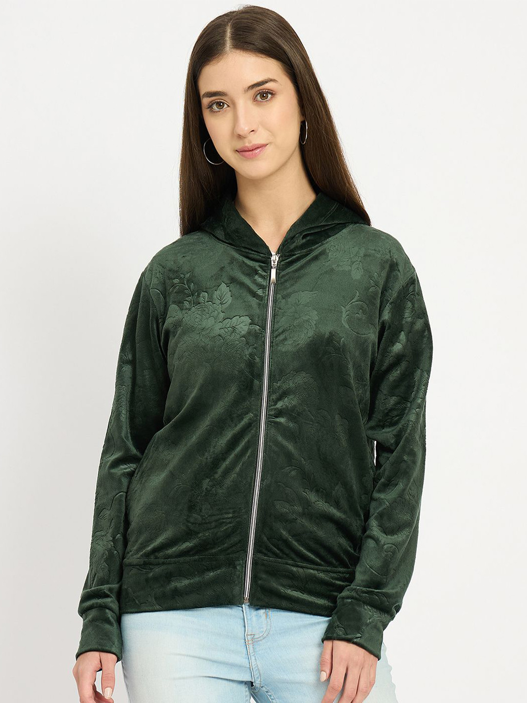 Camey Women Solid Self Design Hooded Long Sleeves Sweatshirt