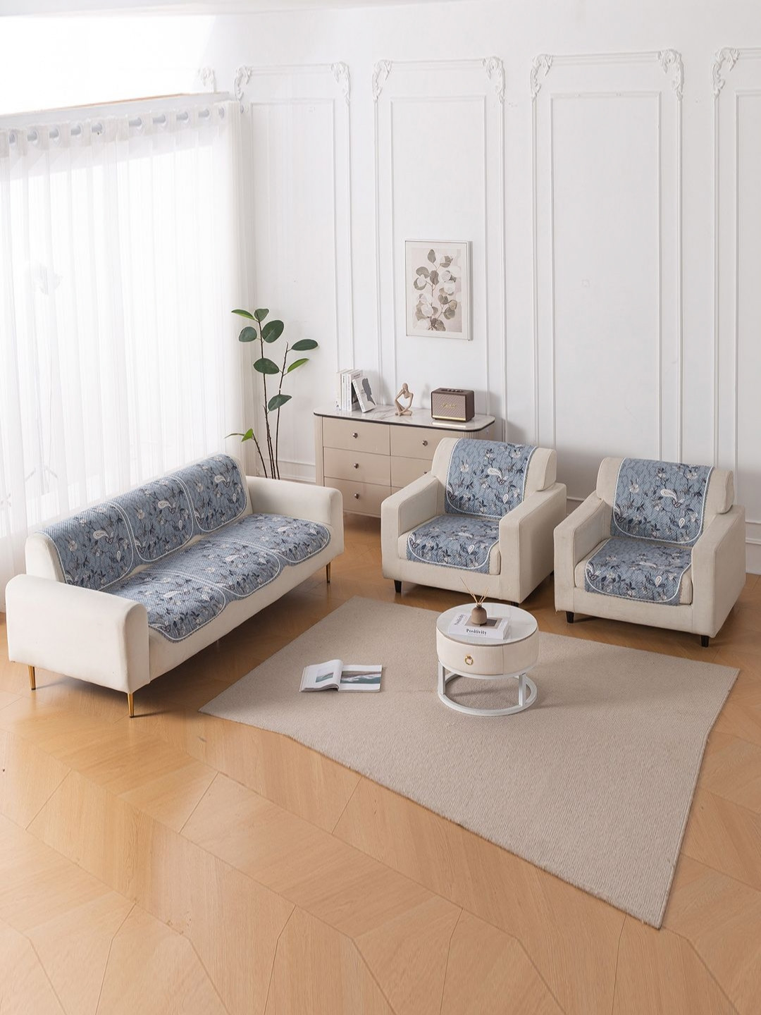 HOKIPO HeavenHue Grey & White 6 Pieces Printed 5 Seater Sofa Covers