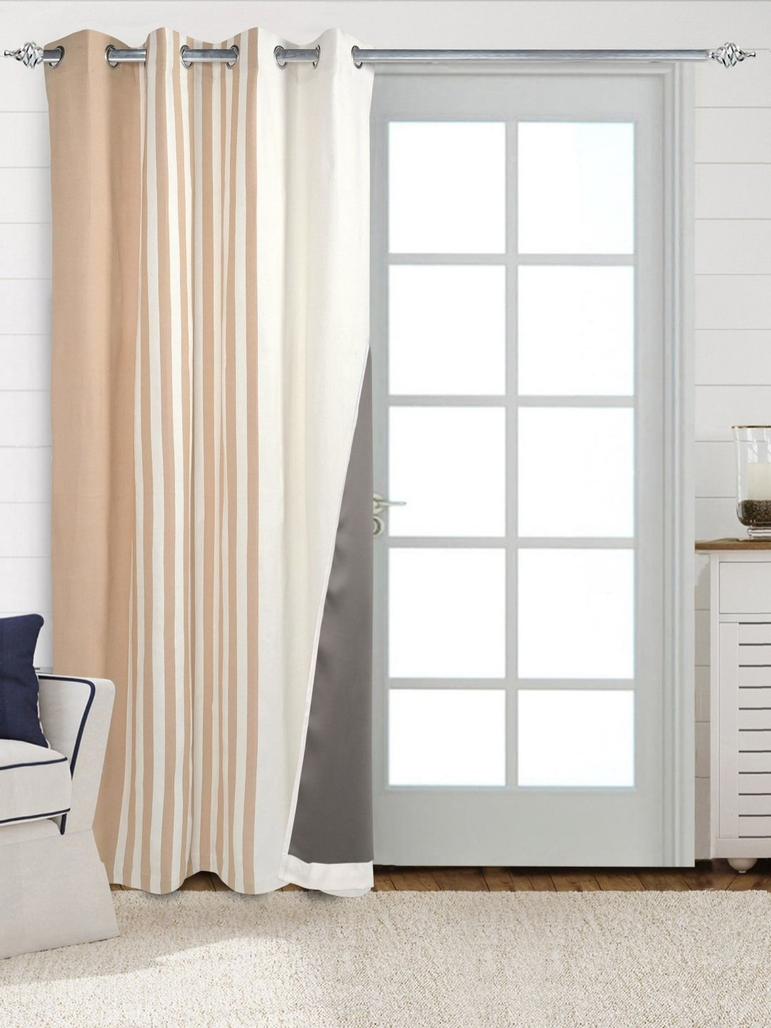 Saral Home Beige & White Striped Cotton Black Out Door Curtain
