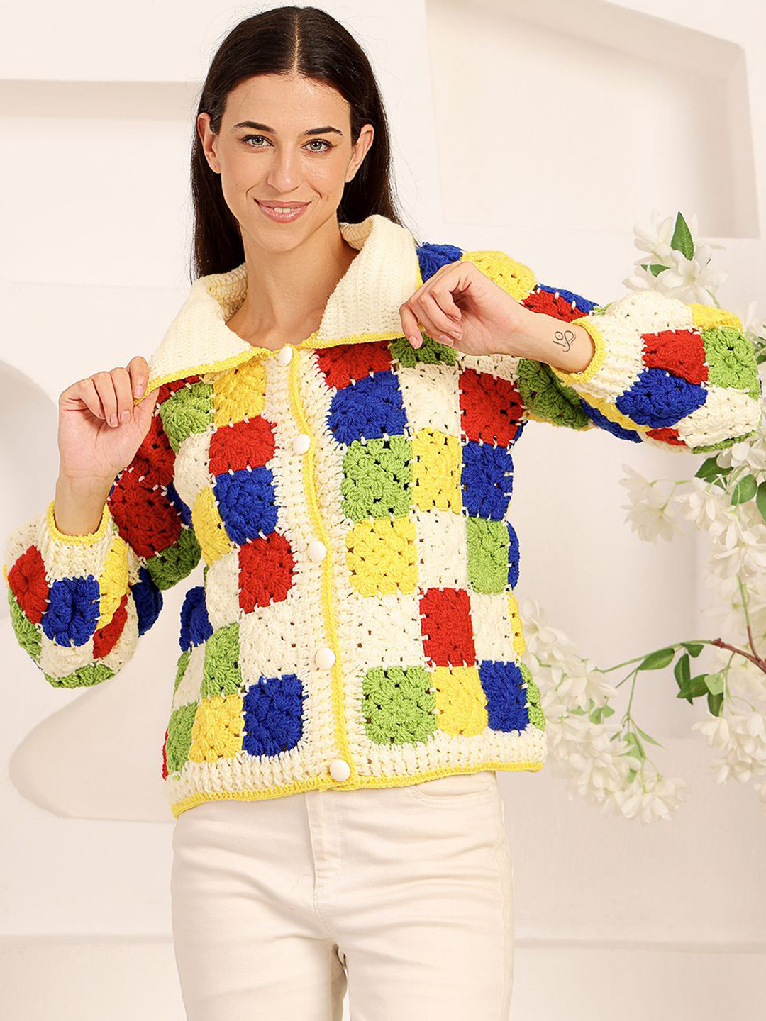 Velvery Women Crochet Shirt Collar Granny Square Cardigan