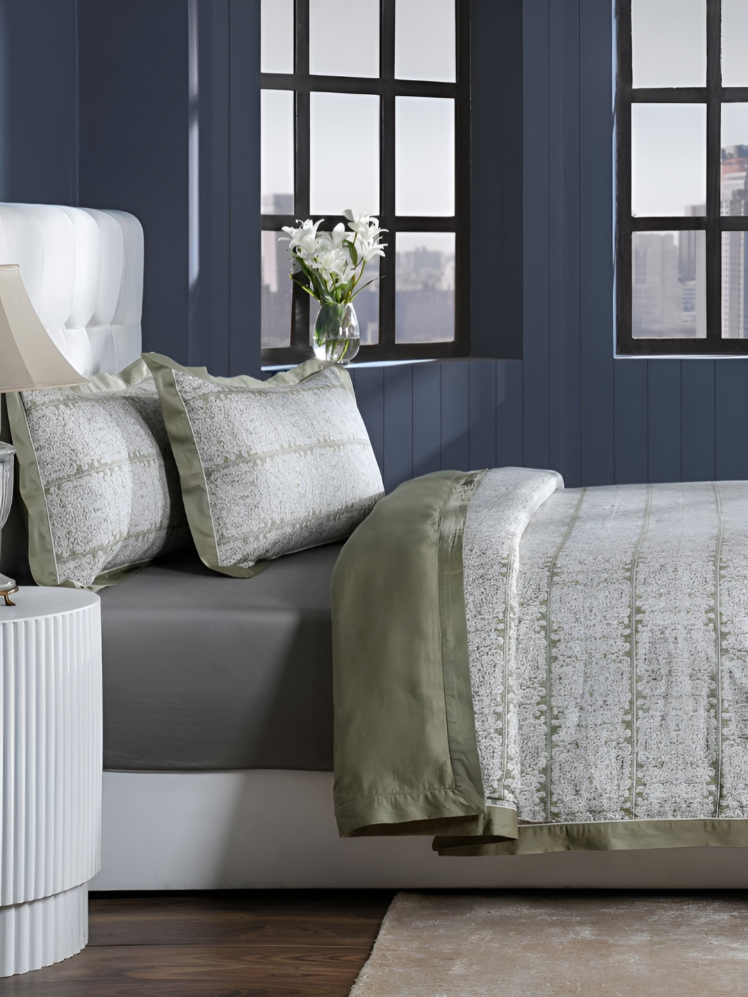 MASPAR Green Floral Printed 400 TC Pure Cotton Double Bed Duvet Cover With 2 Pillow Covers