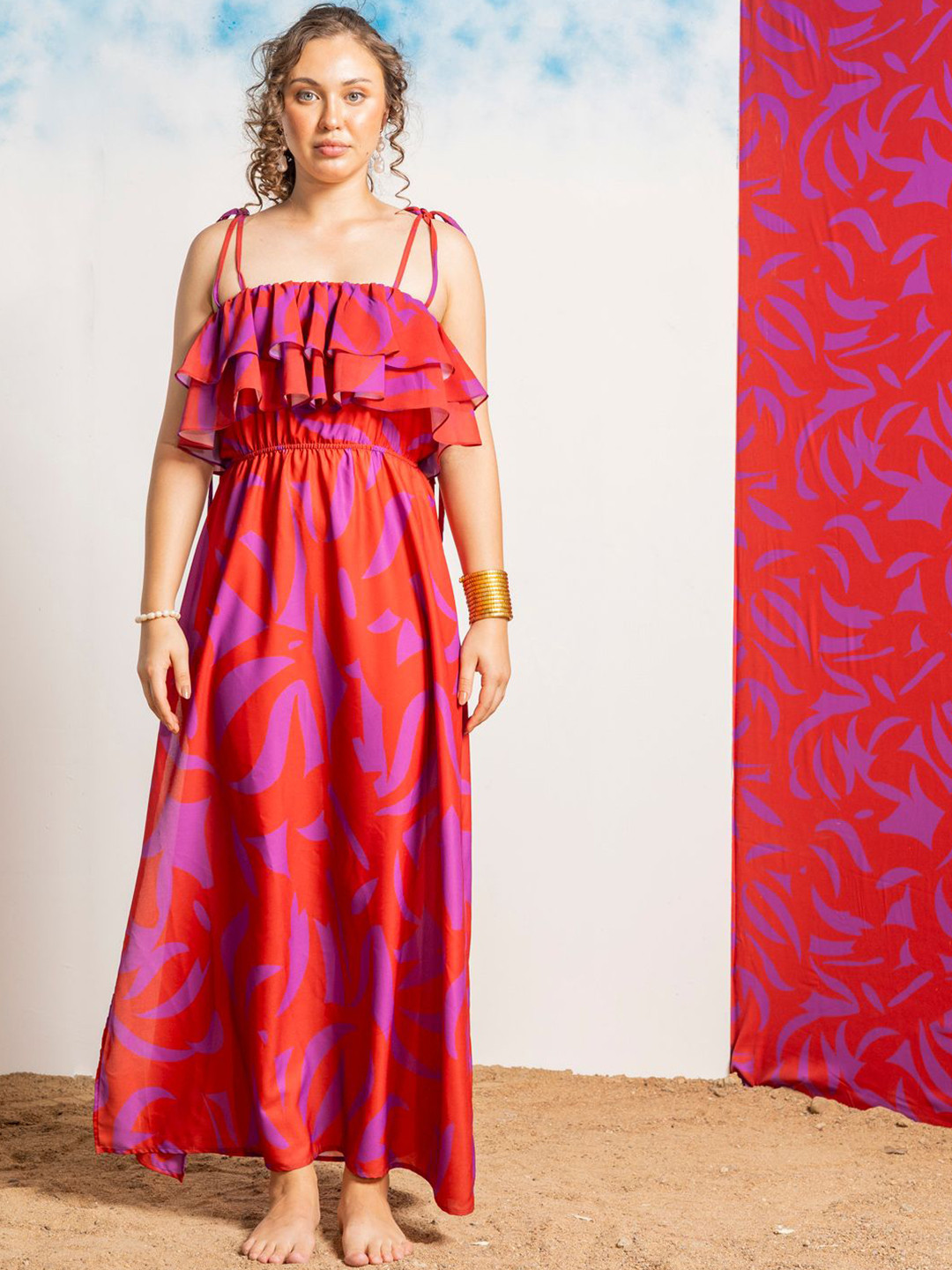 Aoba  Women Red Printed Beachwear Dress