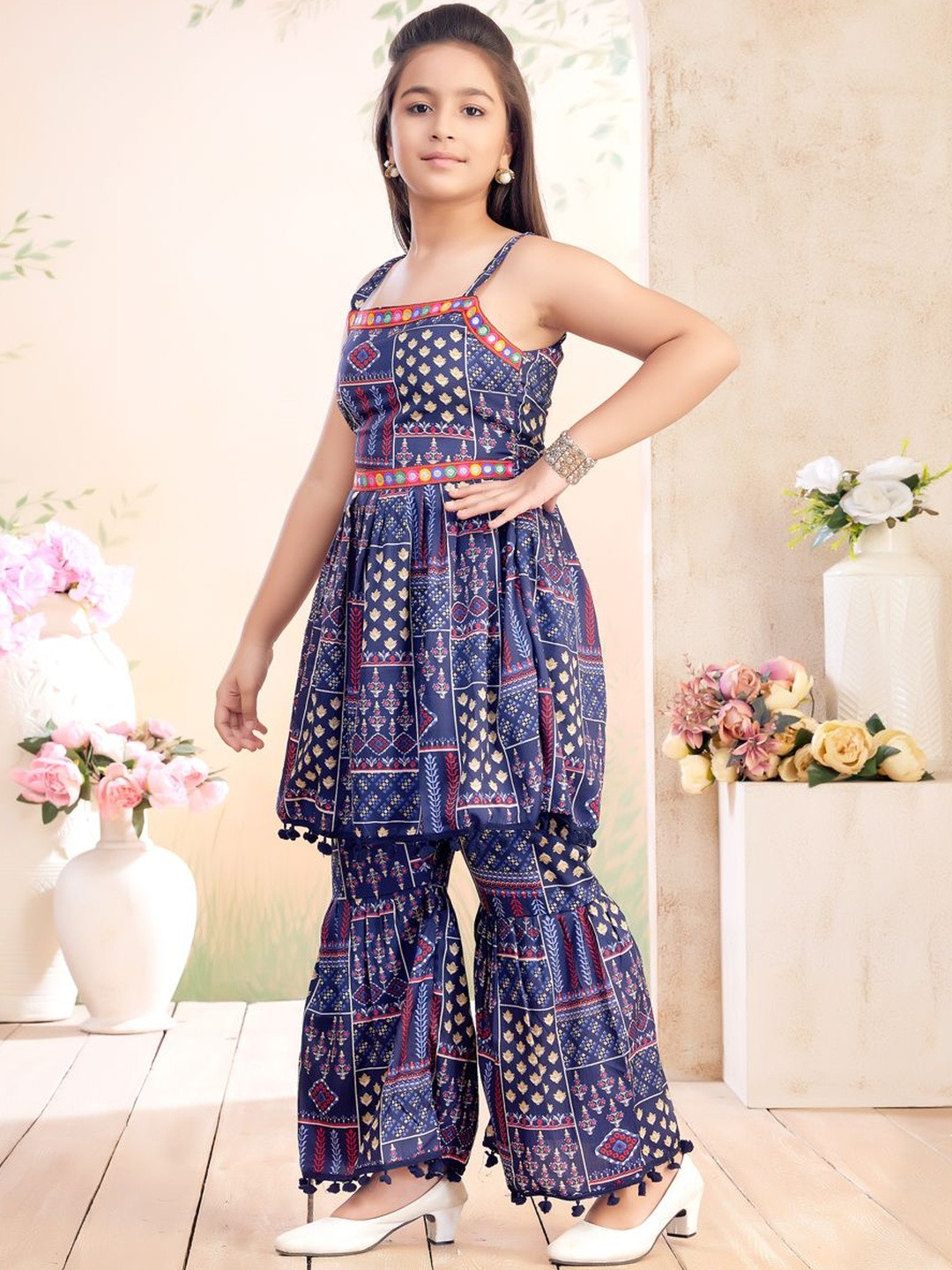 Muhuratam Girls Ethnic Wear Navy Blue Colour Printed/Mirror Lace Polyester Kurti Sharara Set