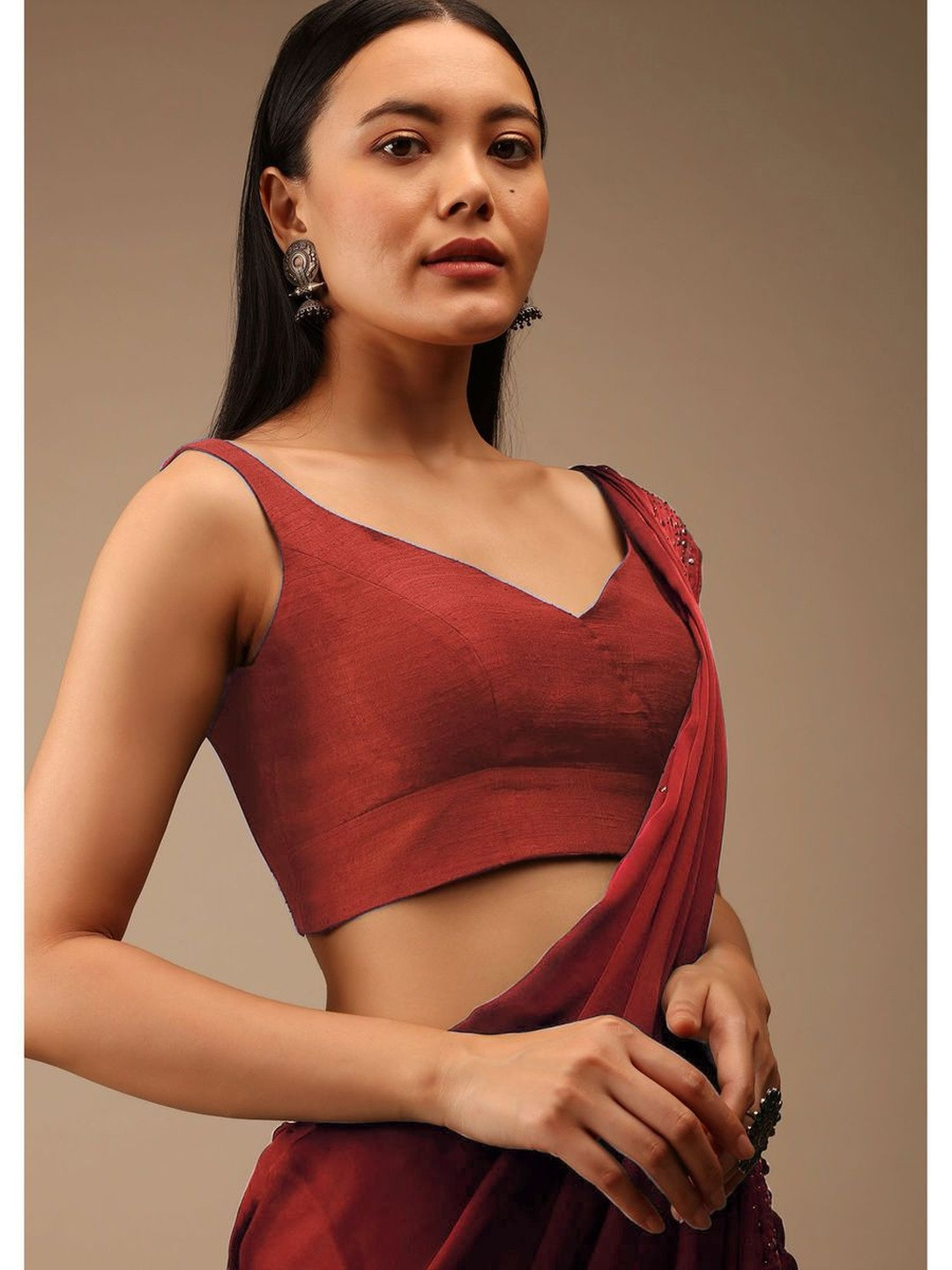 Moda Rapido Women Red Solid Sleeveless V Neck Saree Blouse