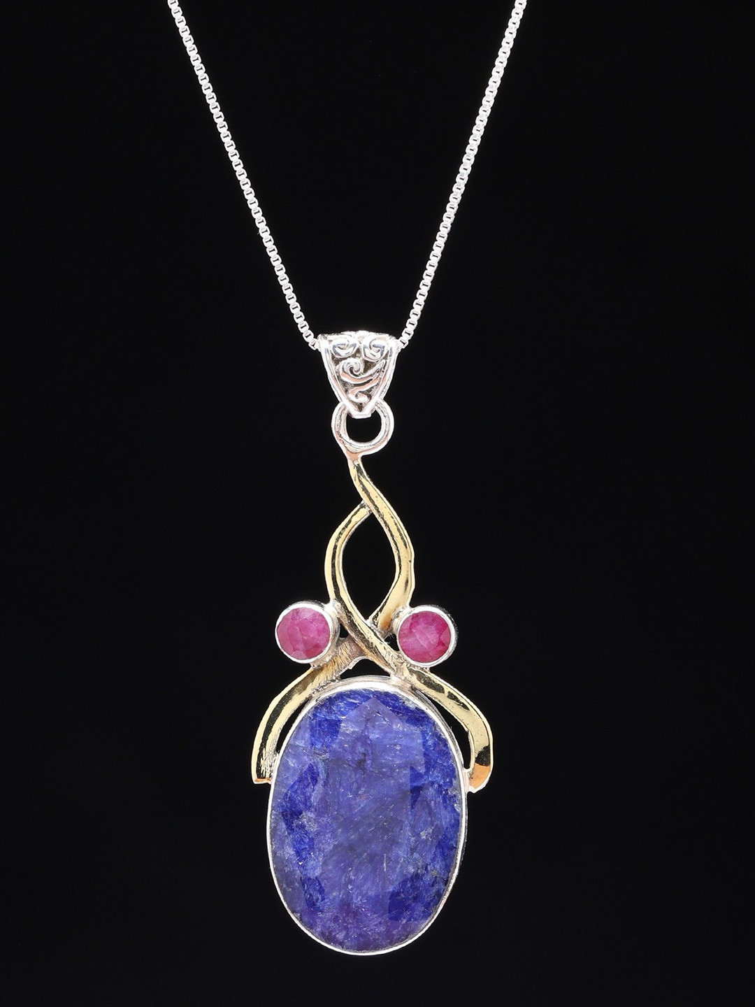 Exotic India Women Sterling Silver Lapis Lazuli Oval Shape Pendant