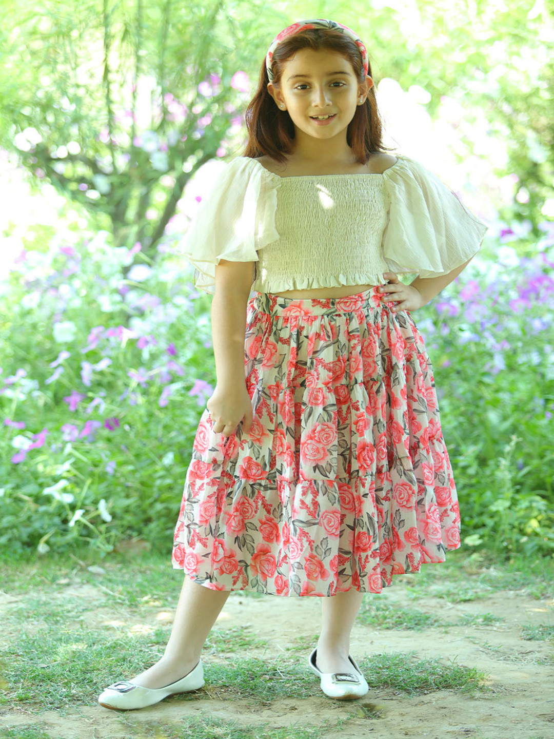 LH LUXURY FASHION Girls Self Design Short Sleeves Pure Silk Top With Skirt