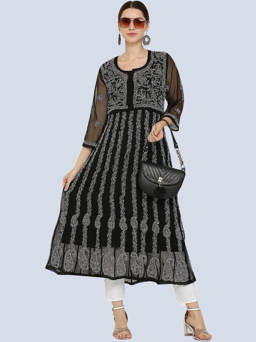 MALABIS Paisley Embroidered Panelled Chikankari Georgette A-Line Kurta With Trousers