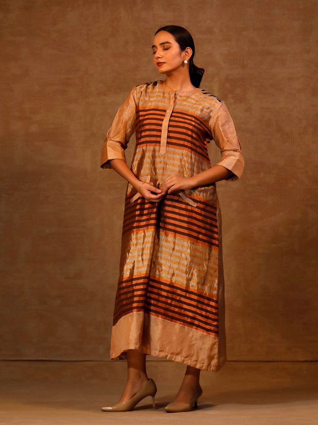 Eeda DHUN Women Striped Round Neck Shift Midi Dress