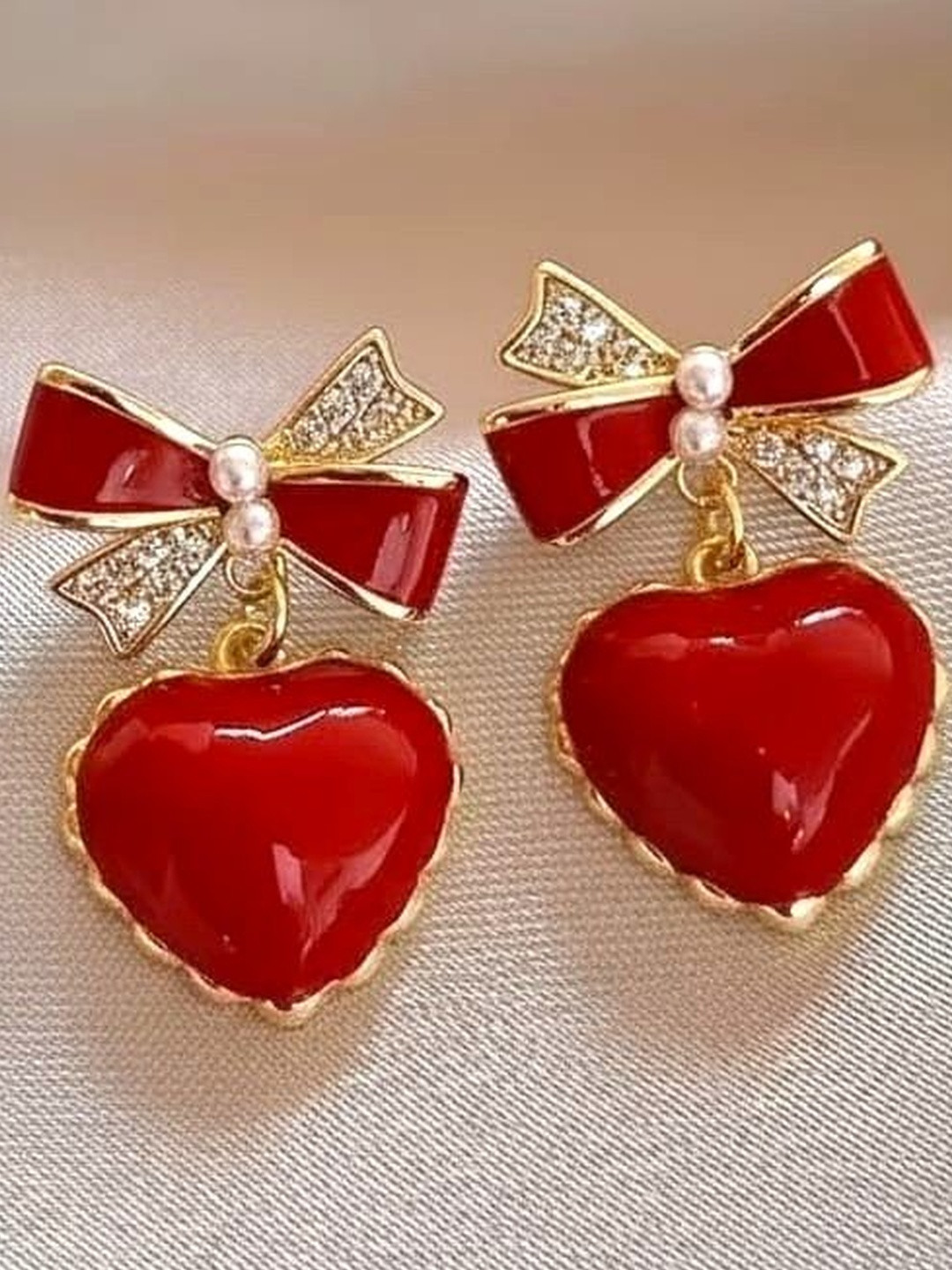 Tiso Women Cute Red Heart Bow & Pearl Stone Party Earrings