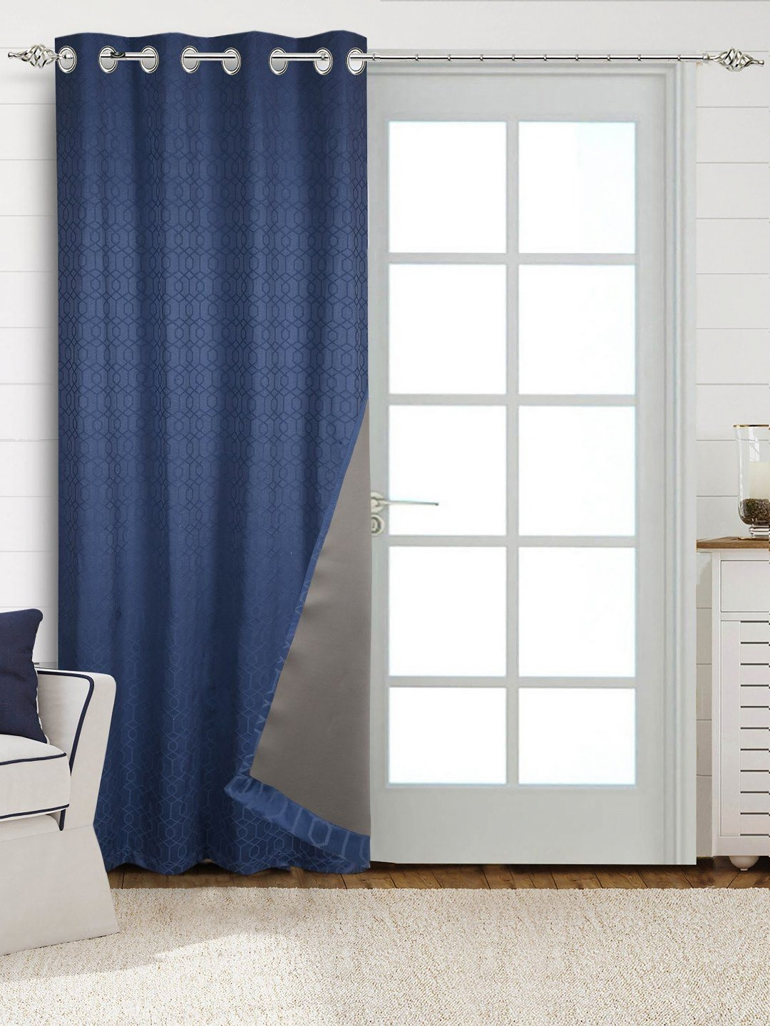 Saral Home Blue & Grey Geometric Printed Cotton Black Out Non-Fading Door Curtain