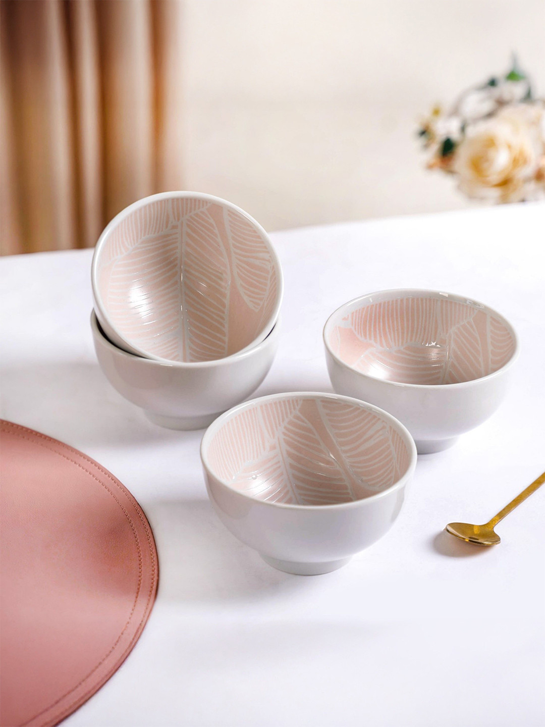 Nestasia Pink & White 4 Pieces Tropica Pastel Printed Ceramic Bowls-325 ml Each