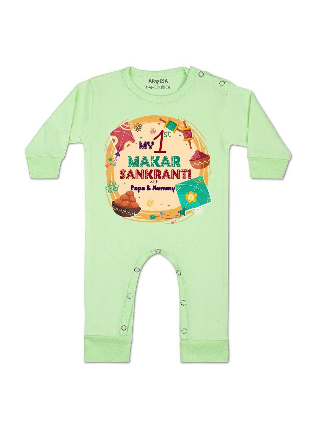 Arvesa Kids Printed Round Neck Long Sleeves Snap Button Baby Rompers