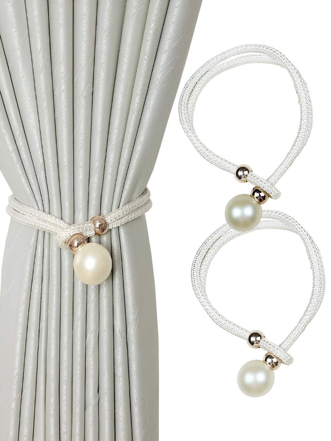 TIED RIBBONS 2 Pieces Beige & White Textured Curtain Tie-Backs
