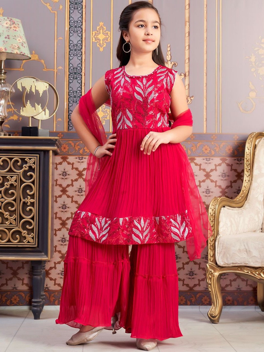 Muhuratam Girls Ethnic Wear Rani Sequin Thread Embroidery Georgette Kurti Sharara Set With Dupatta