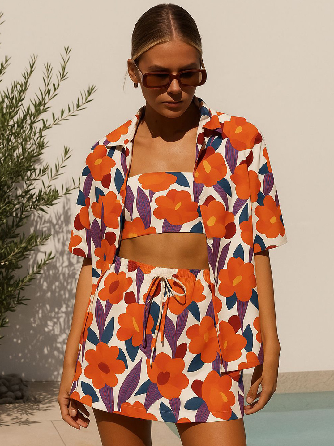 KAORI BY SHREYA AGARWAL Nora Floral Printed Top & SKorts With Jacket Co-Ords