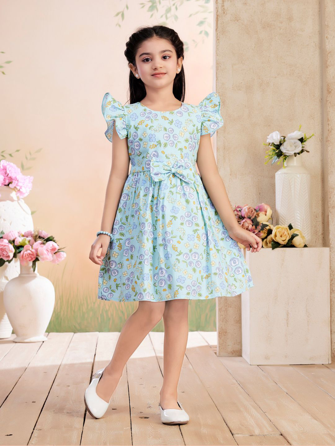 BAESD Flutter Girls Flutter Sleeves Bow Fit & Flare Dress