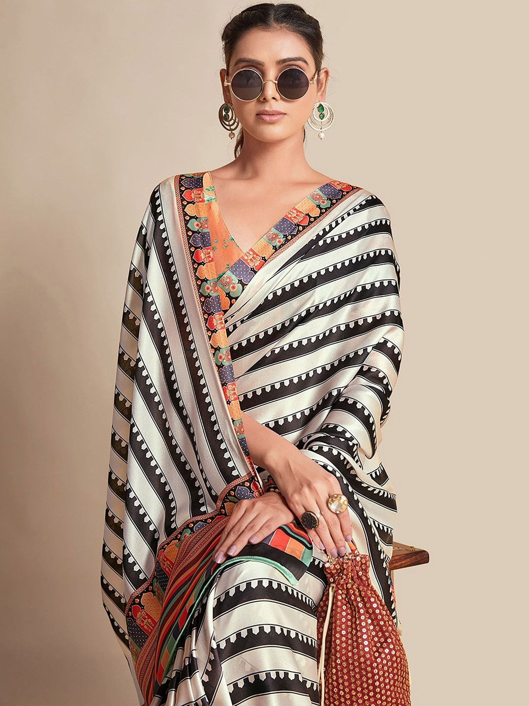 Moda Rapido Striped Silk Blend Designer Saree With Blouse Piece