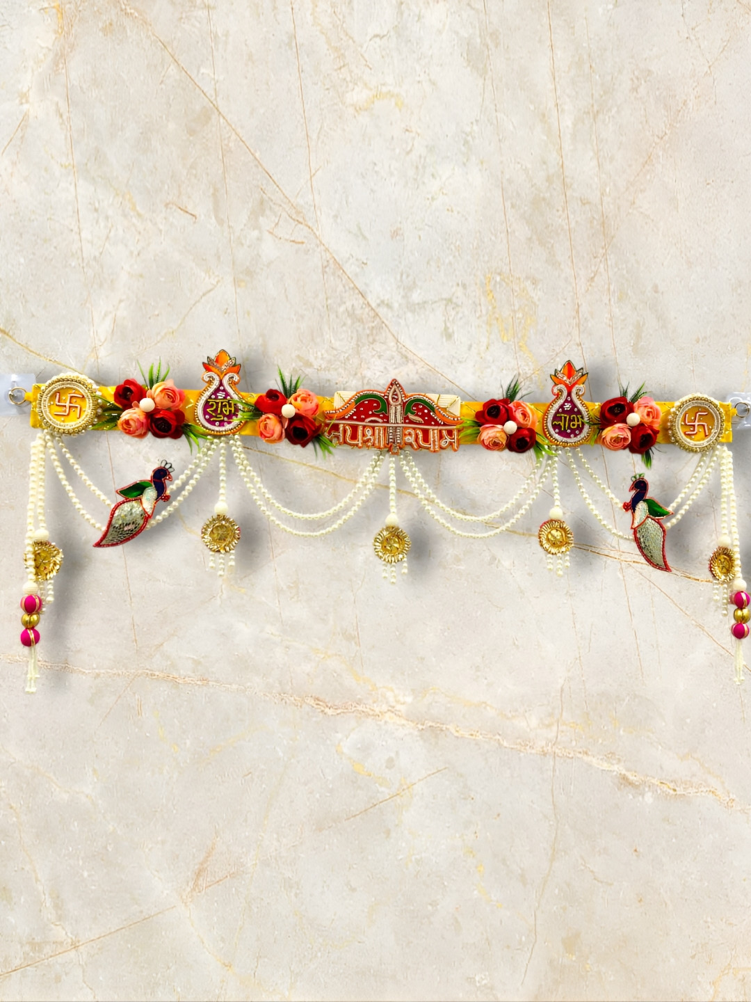 PUFFSMART Red & Yellow Textured Jai Shree Shyam With Flowers & Latkan Bandhanwar Toran
