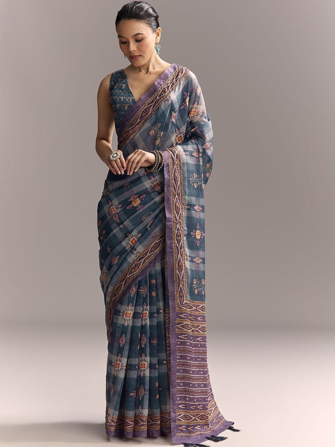 KALKI Fashion Ajrakh Printed Embroidered Saree With Blouse Piece