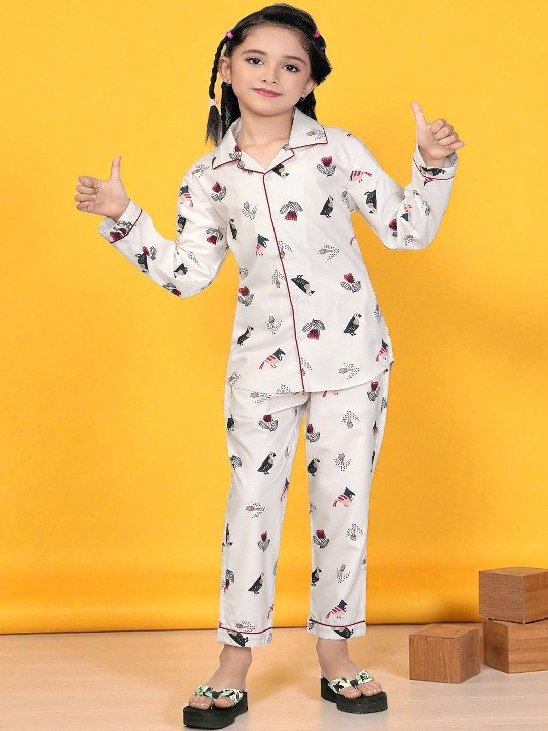 Club96 Girls Printed Spread Collar Short Sleeve Shirt With Pants