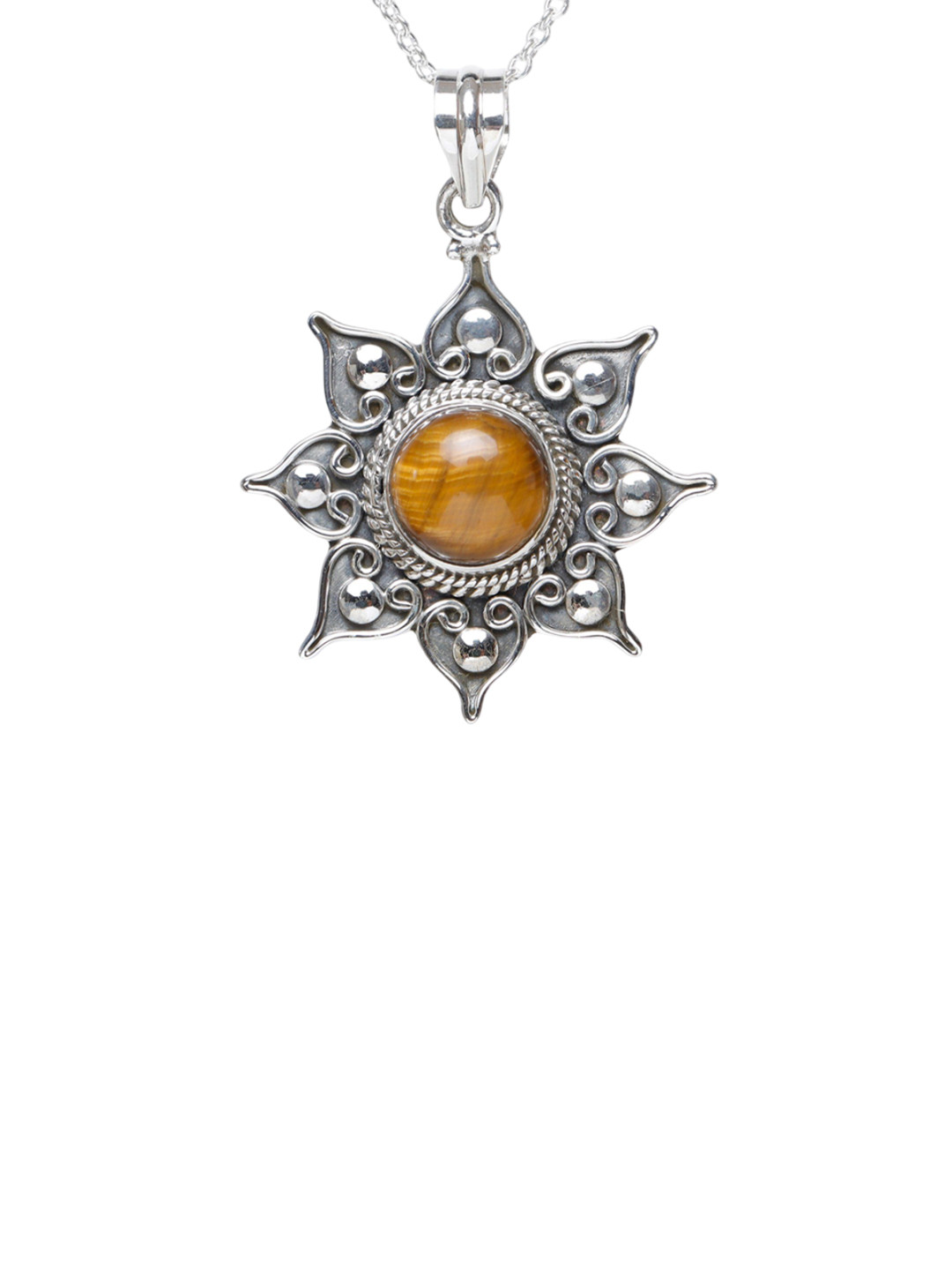Exotic India Women Sterling Silver Tiger Eye Sun Pendant