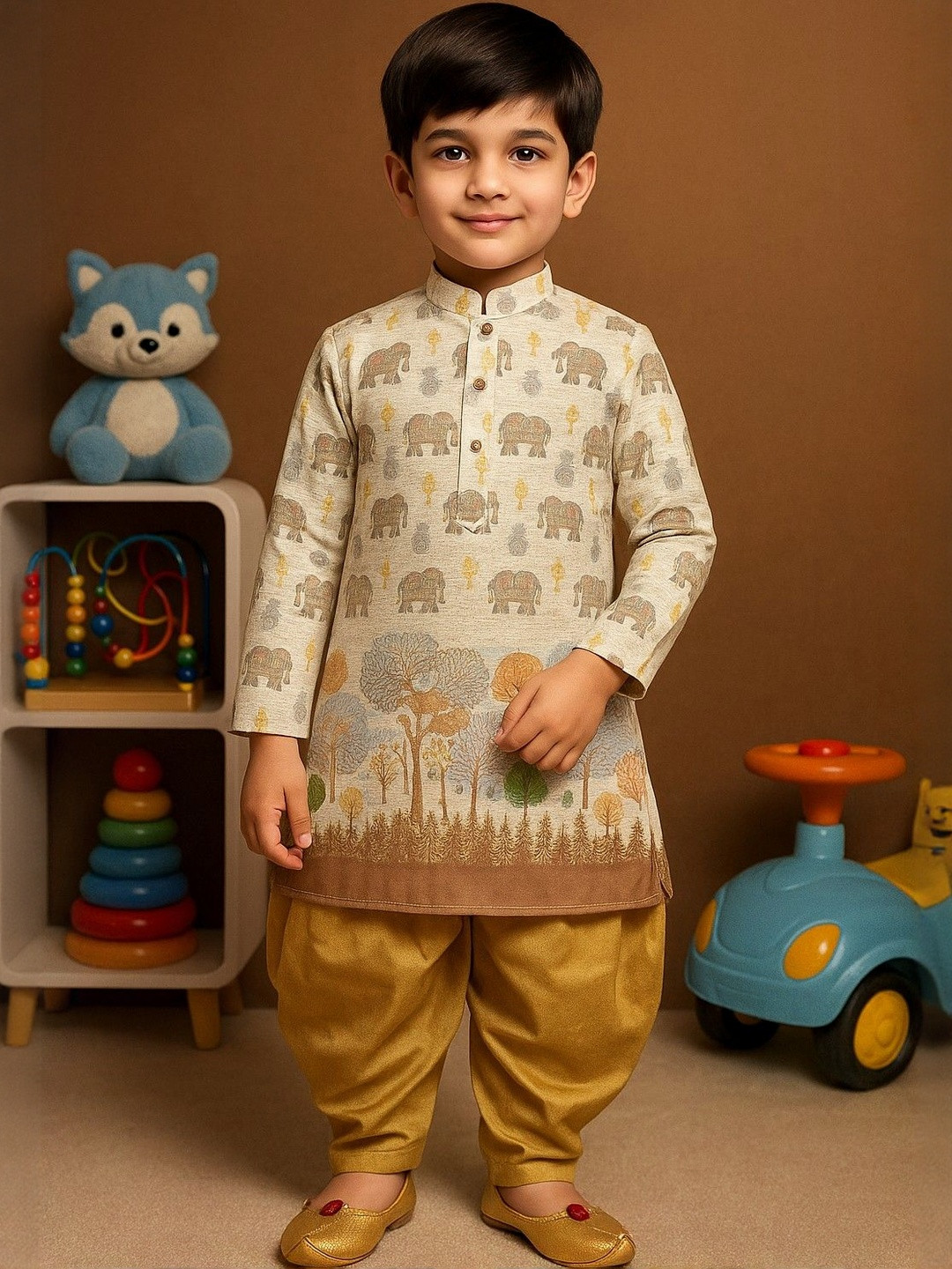 NFC CREATION Boys Cotton Blend Digital Printed Kurta & Dupion Silk Patiyala Kurta Set
