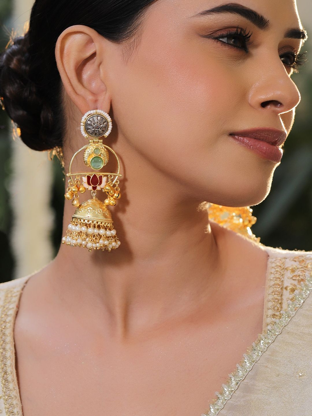 Rubans 22K Gold-Plated Artificial Stones Studded And Pearls Beaded Dome Shaped Jhumkas