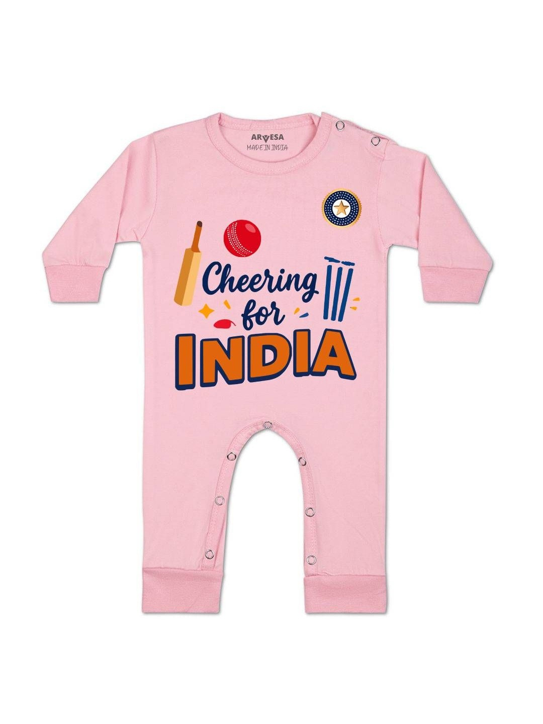 Arvesa Kids Cheering For India Printed Round Neck Long Sleeves Cotton Rompers