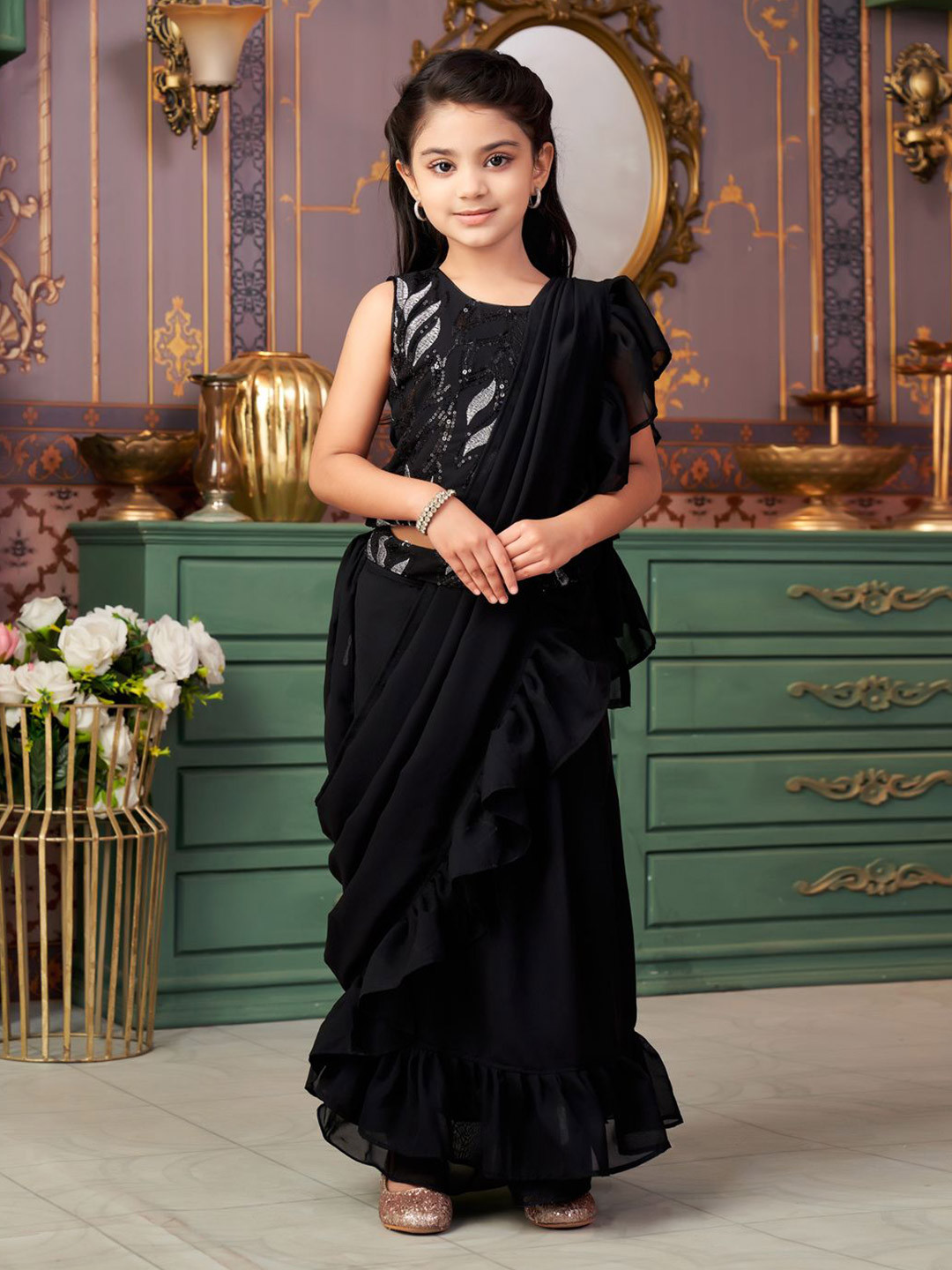 BAESD Solid Lehenga Saree Sequinned Detail With Attached Blouse