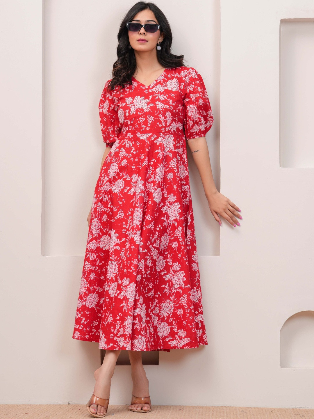 SZN Floral Print Puff Sleeve Fit & Flare Midi Dress
