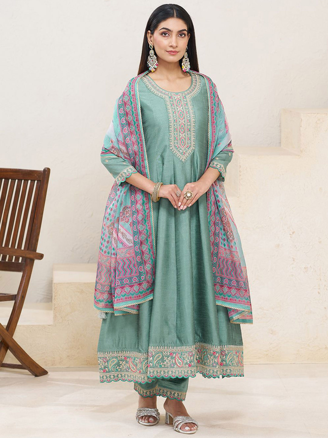 House of Pataudi Women Floral Embroidered A-Line Kurta with Trousers & Dupatta