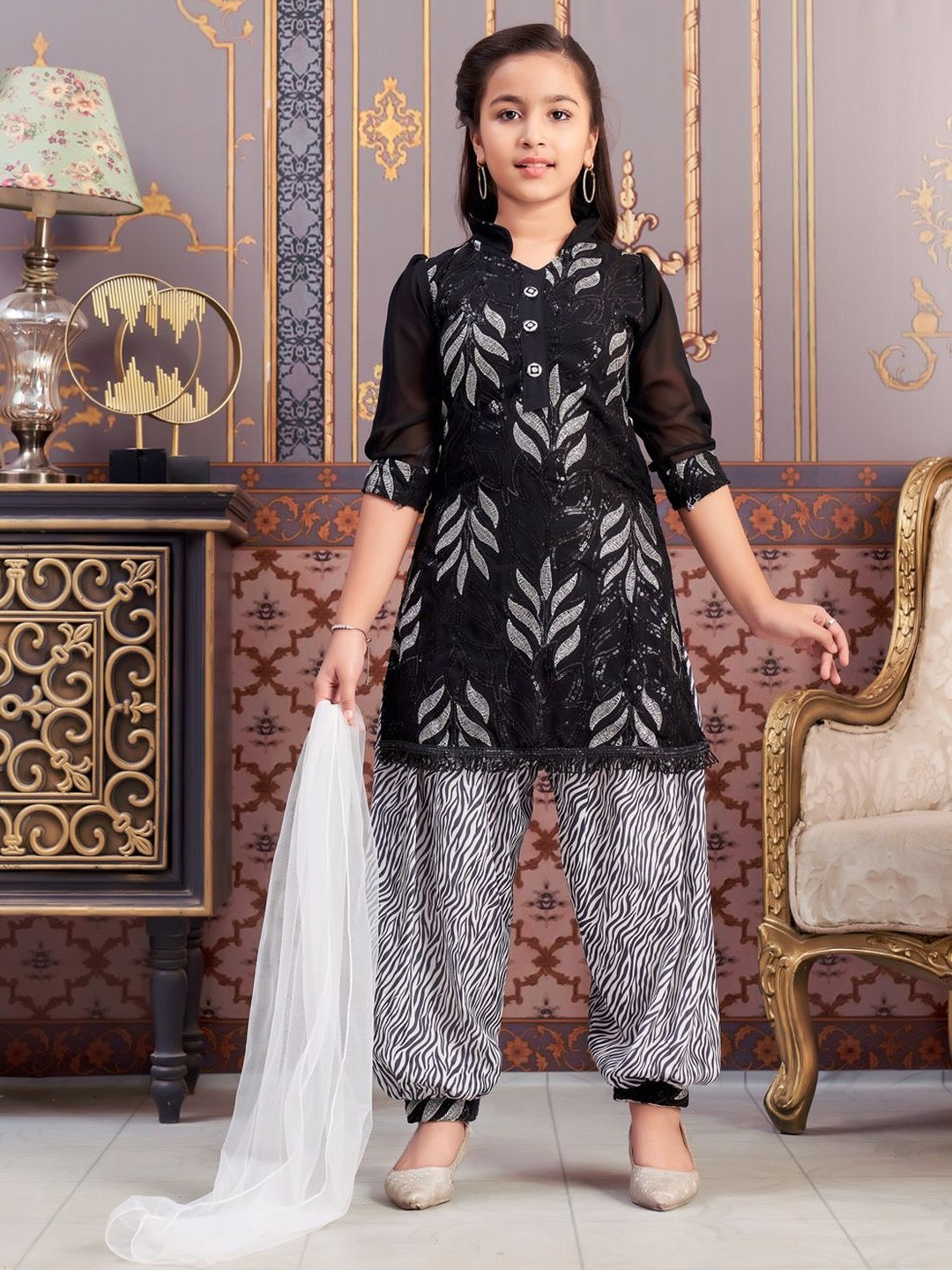 Muhuratam Girls Ethnic Wear Black-White Sequin Embroidery Georgette Kurti Patiala Set With Dupatta