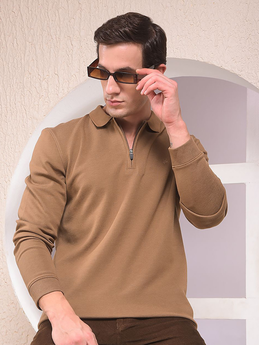 Crimsoune Club Men Self Design Zip Details Shirt Collar Sweatshirt