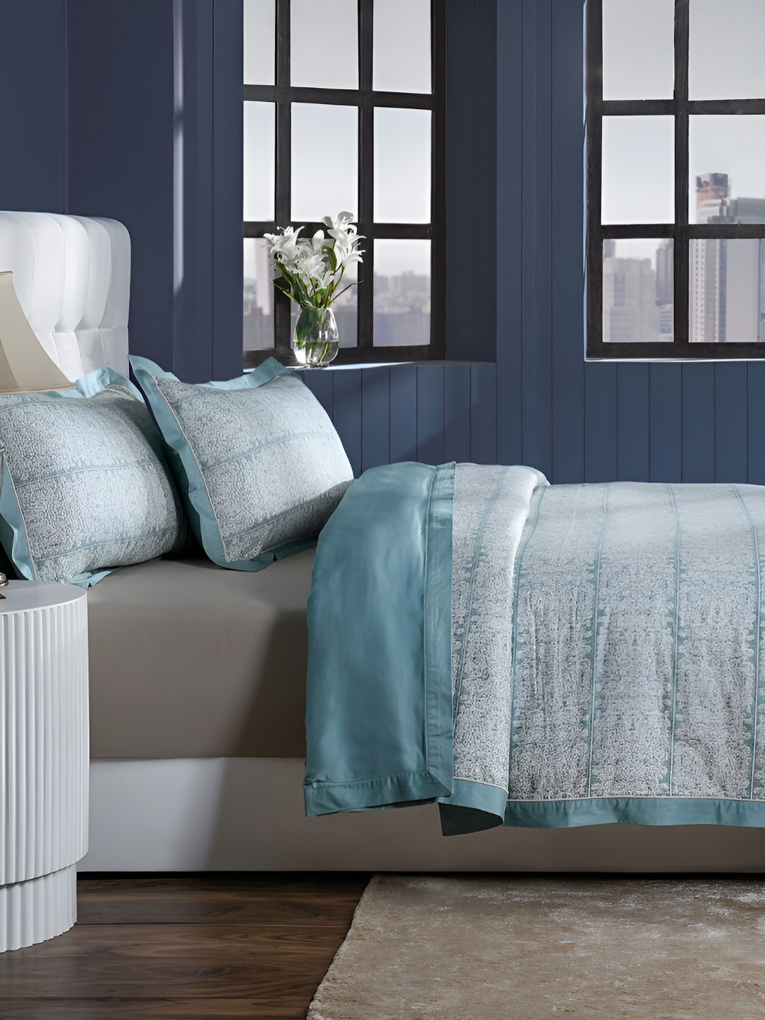 MASPAR Blue Printed 400 TC Pure Cotton King Size Bed Duvet Cover With 2 Pillow Covers