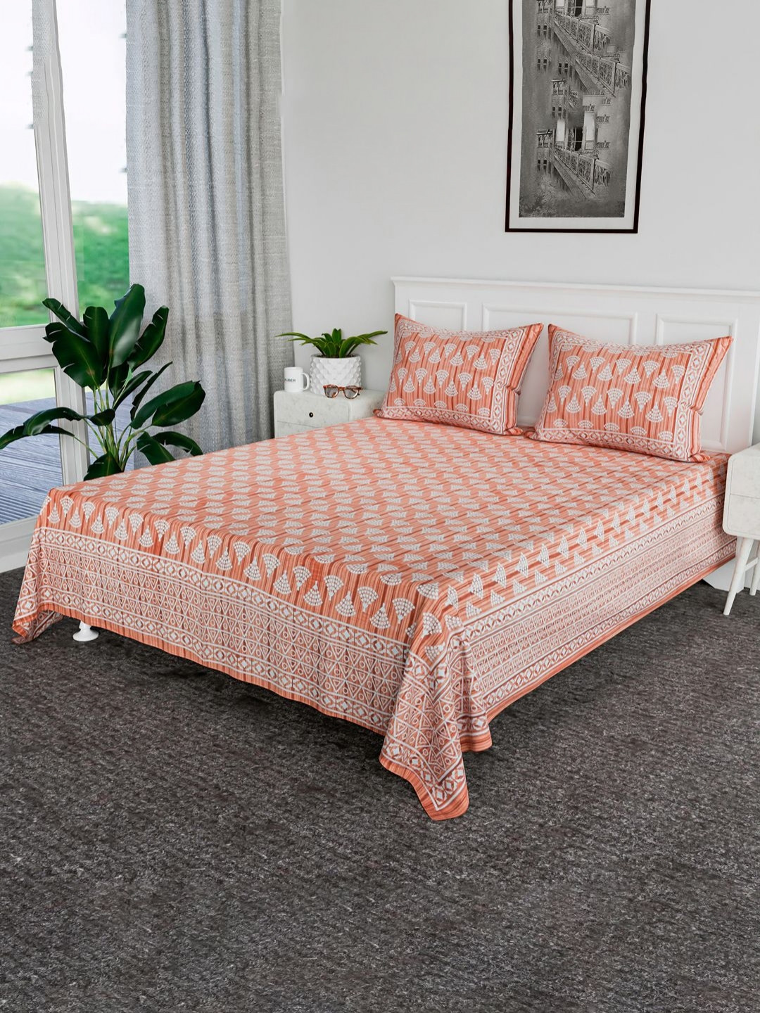 Aura Orange & White Geometric Cotton 144 TC Double King Bedsheet Set-2.64 m x 2.16 m