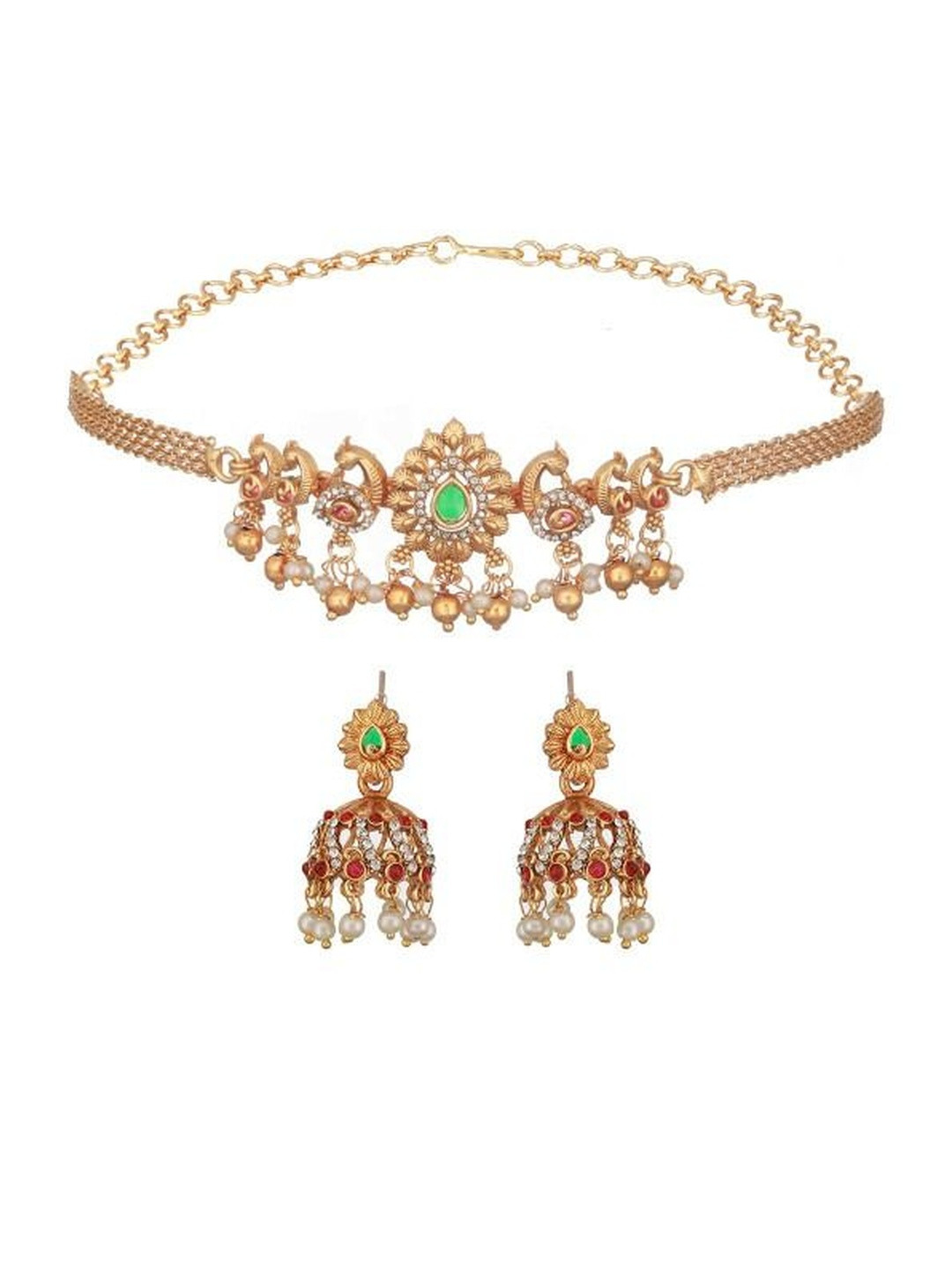 PADMAWATI BANGLES PVT LDT Gold-Plated Stones Studded And Beaded Necklace With Earrings