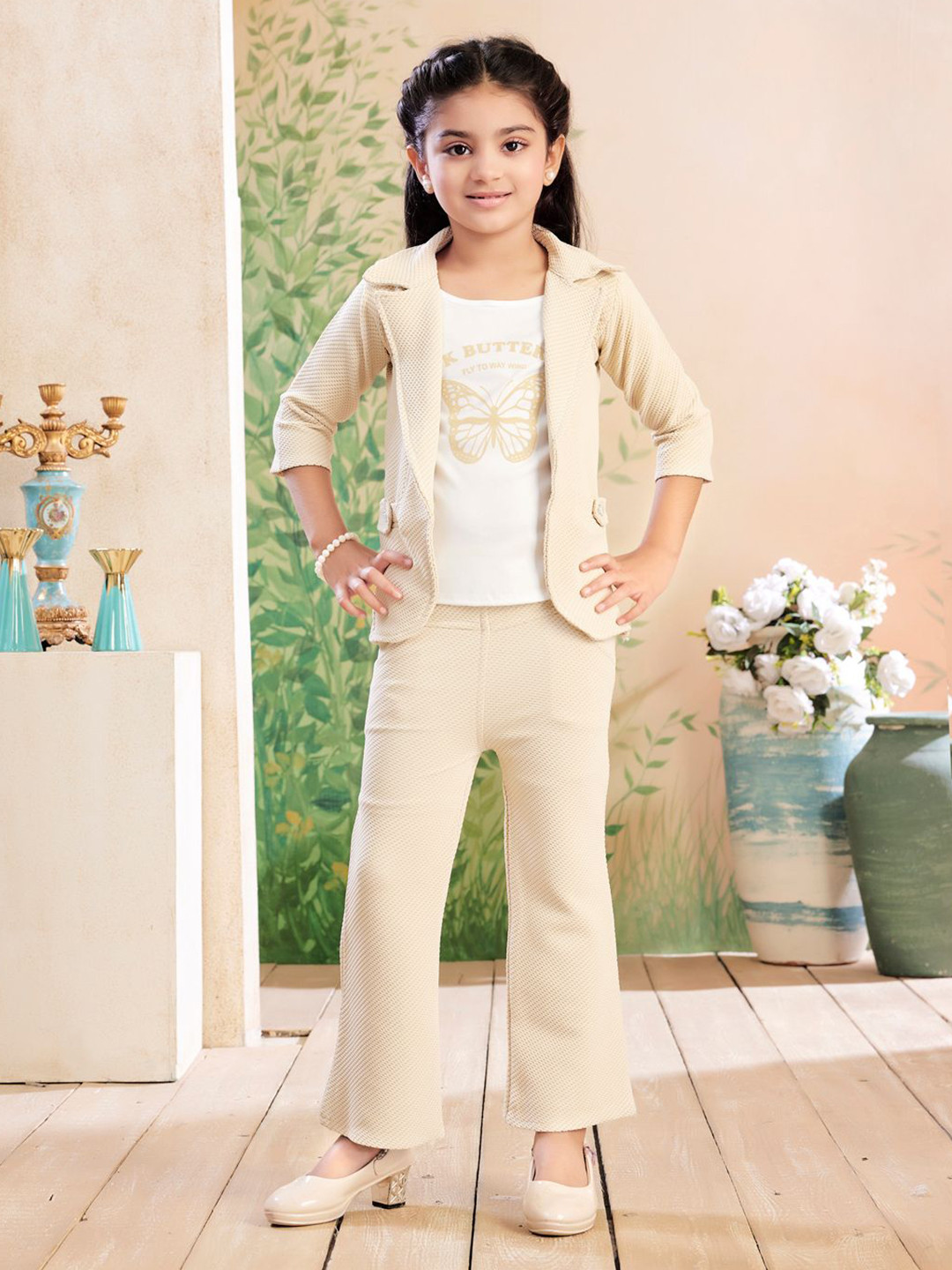 BAESD Girls Printed Three-Quarter Sleeves Coat With Attachable T-Shirt With Trouser