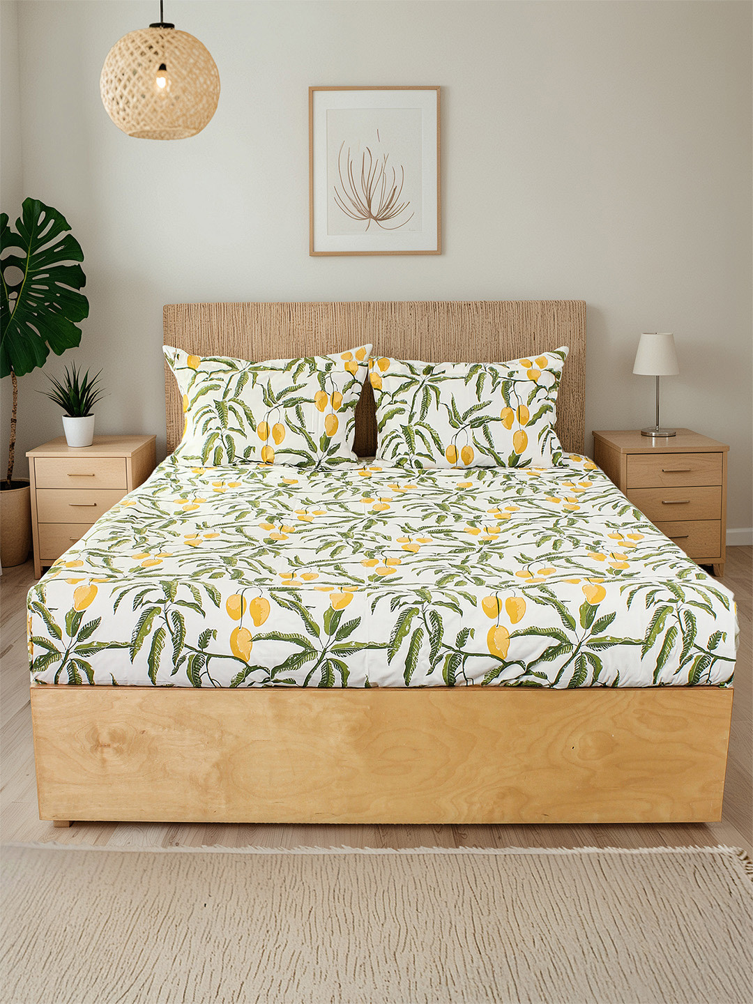 House This White & Green Floral 180 TC Queen cotton  Bedsheet with 2 Pillow Covers