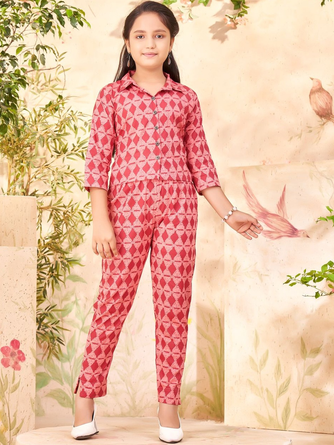 Muhuratam Girls Casual Wear Maroon Colour Abstract Print Cotton Top & Pant