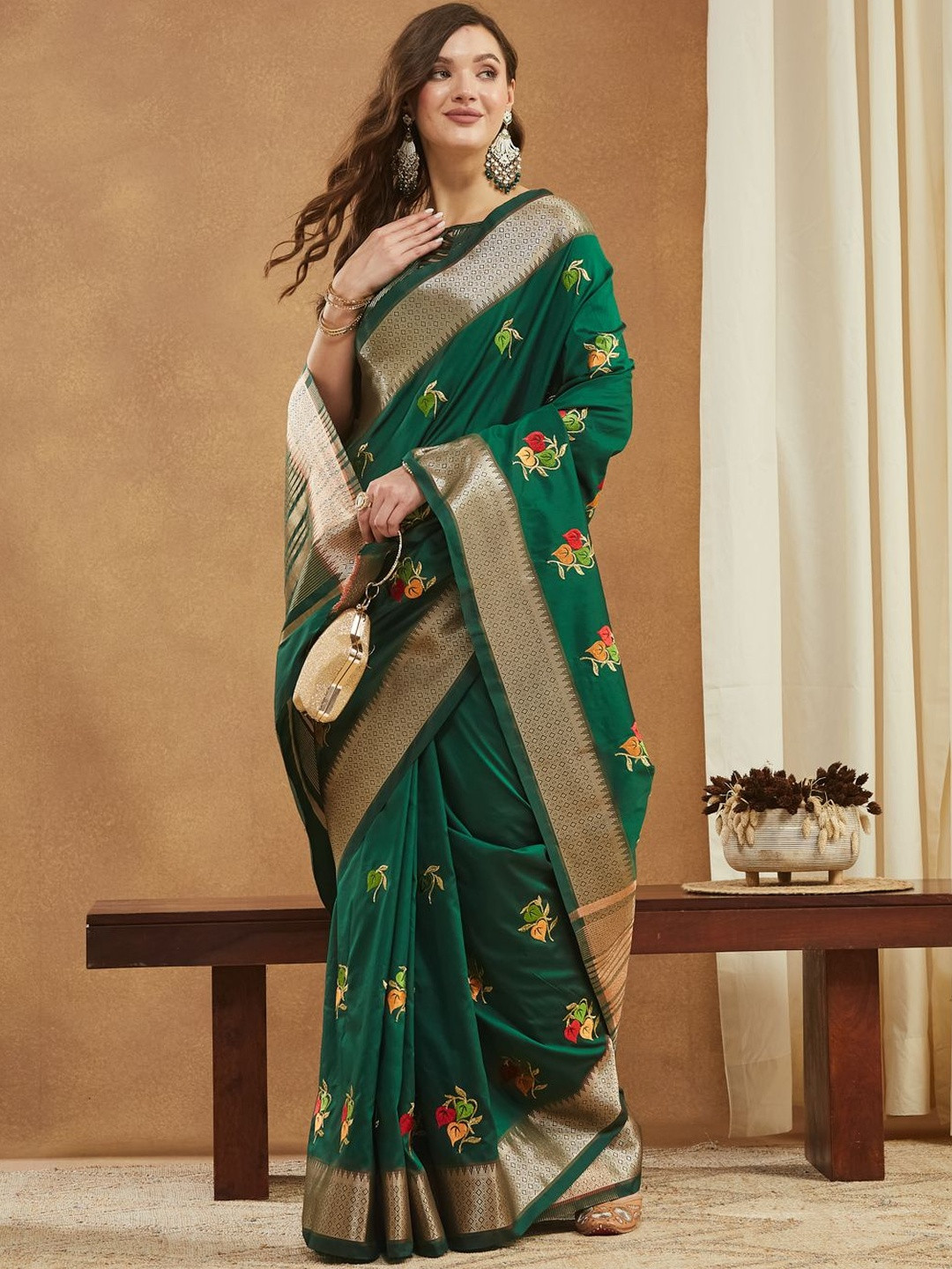KAVINDI Ethnic Motifs Embroidered Saree With Colourful Thread Floral Embroidery And Blouse